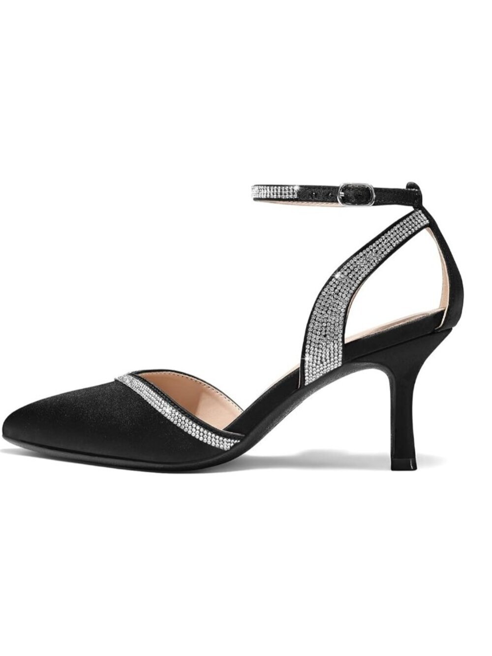 Women's Black Satin Pumps Shoes Pointed Toe Kitten Low Heels Ankle Strap